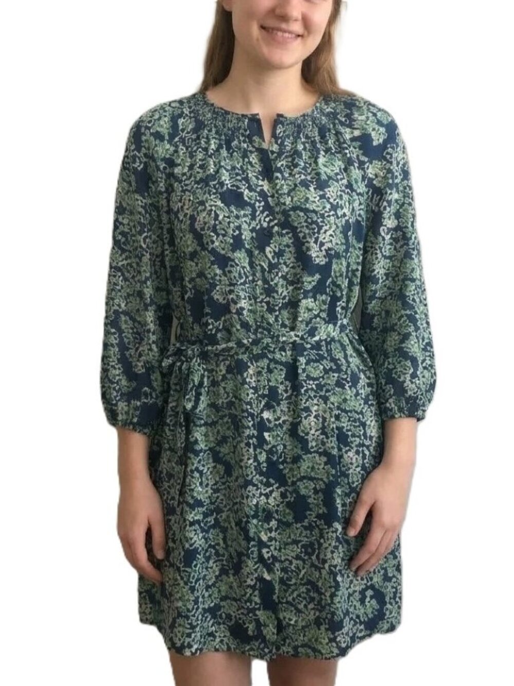 Anthropologie Maeve Belted Shift Dress Blue Print Roomy Size Small